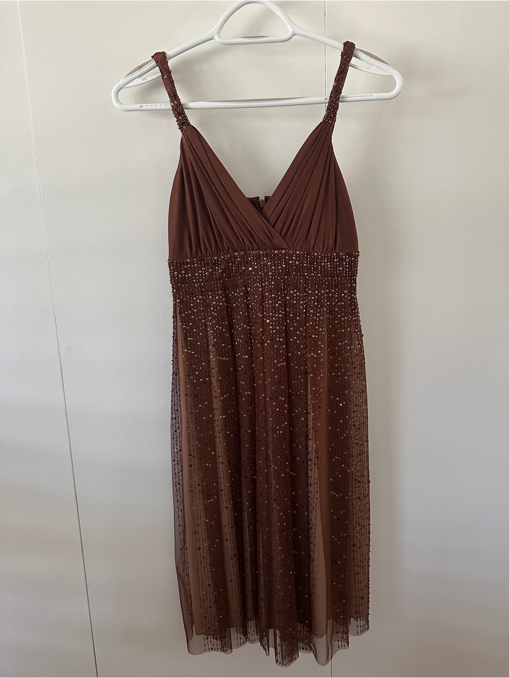 BCBGMaxAzria Brown Beaded V-Neck Spaghetti Strap Mini Dress Size 0